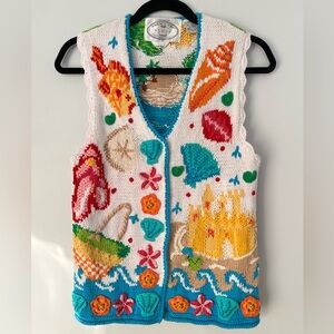 Vintage Eagle’s Eye Hand Knit Beach Themed Vest, Size Small